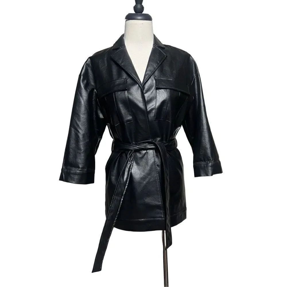 Moodie Vegan Leather Faux Leather Belted Jacket Blazer Small